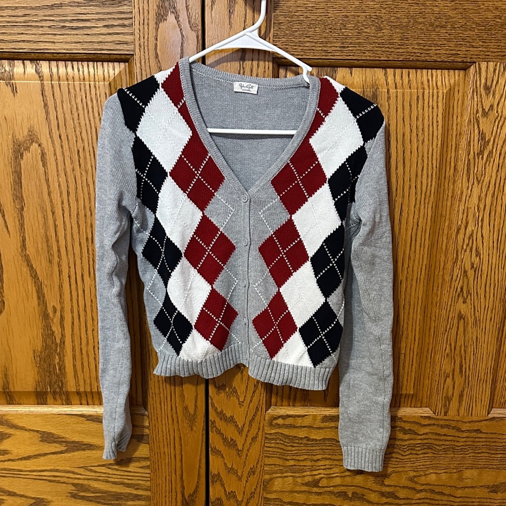 Brandy Melville Gray Cardigan with Red and Black Argyle